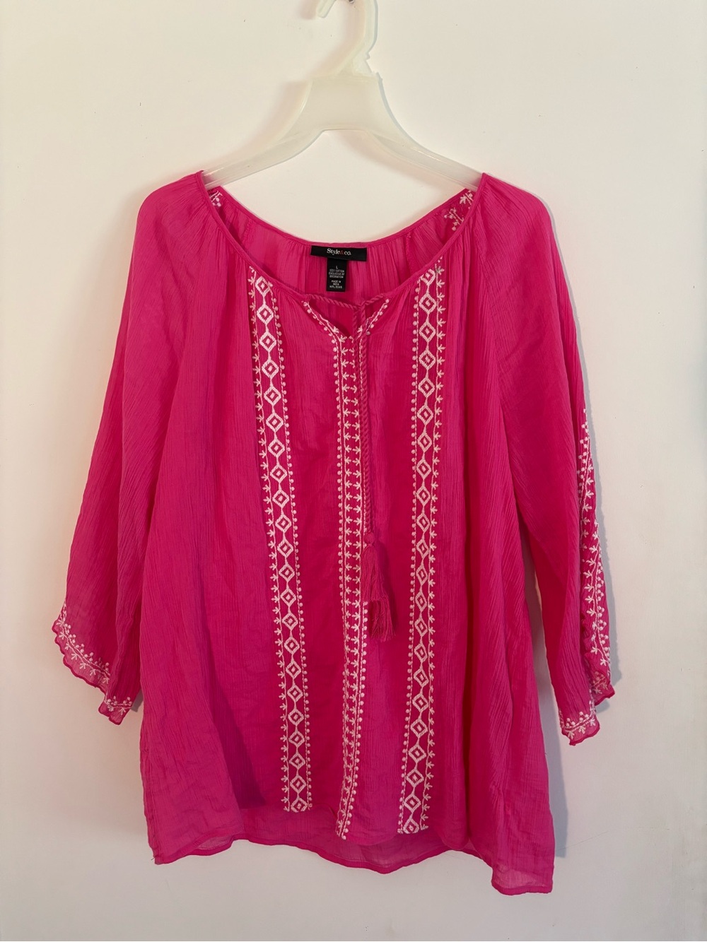 Style & Co Pink Embroidered Cotton Peasant Blouse Size L